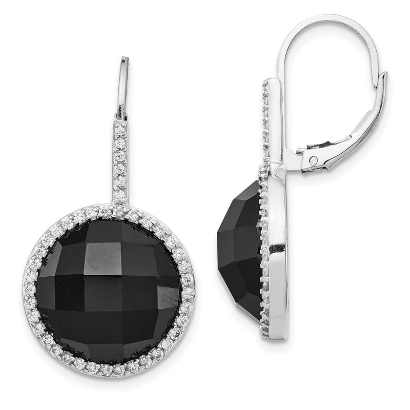 Sterlingsilber Cheryl M Rhodiniert Karo-cut Onyx und Brillant-cut Weiß Zirkonia Rund Heiligenschein Hängend Ohrhänger mit Brisur