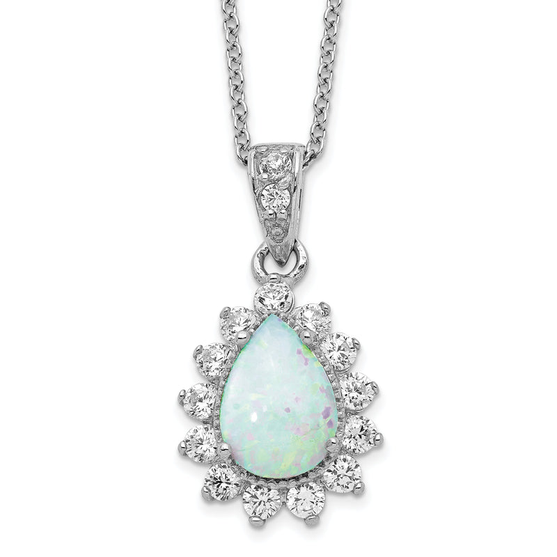 Sterlingsilber Cheryl M Rhodiniert Cabochon Im Labor Erzeugt Opal und Brillant-cut Zirkonia Tropfen Heiligenschein 18 Zoll Halskette