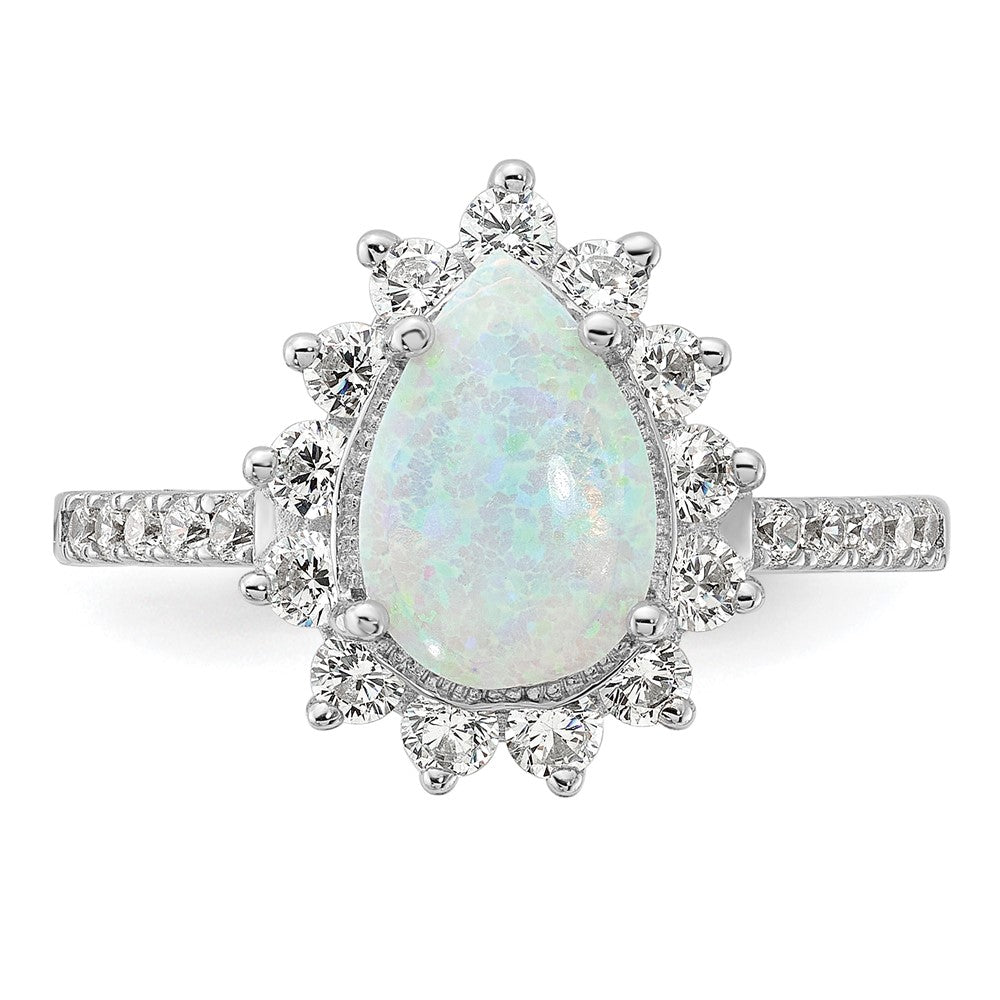 Sterlingsilber Cheryl M Rhodiniert Cabochon Im Labor Erzeugt Opal und Brillant-cut Zirkonia Tropfen Heiligenschein Ring