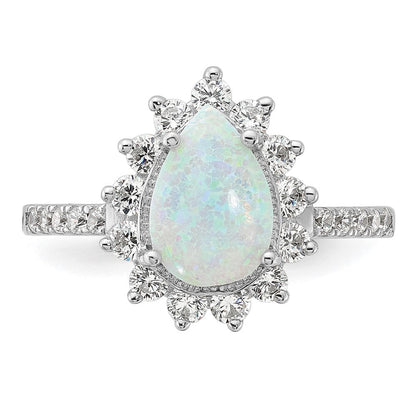 Sterlingsilber Cheryl M Rhodiniert Cabochon Im Labor Erzeugt Opal und Brillant-cut Zirkonia Tropfen Heiligenschein Ring