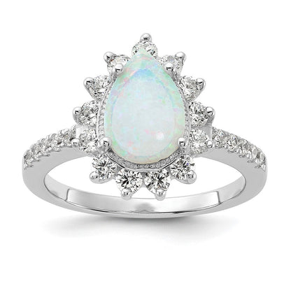 Sterlingsilber Cheryl M Rhodiniert Cabochon Im Labor Erzeugt Opal und Brillant-cut Zirkonia Tropfen Heiligenschein Ring