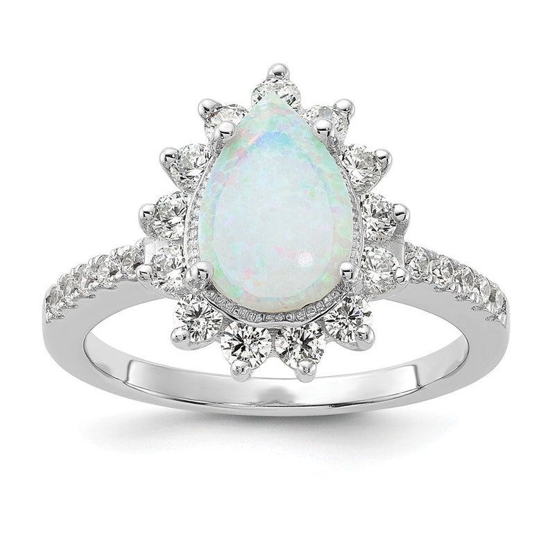 Sterlingsilber Cheryl M Rhodiniert Cabochon Im Labor Erzeugt Opal und Brillant-cut Zirkonia Tropfen Heiligenschein Ring