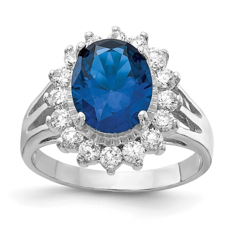 Sterlingsilber Cheryl M Rhodiniert Brillant-cut Im Labor Erzeugt Dunkel Blau Spinell und Weiß Zirkonia Oval Heiligenschein Ring