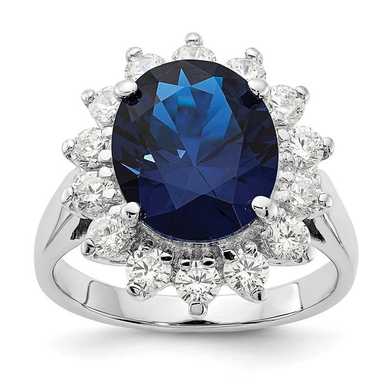 Sterlingsilber Cheryl M Rhodiniert Brillant-cut Im Labor Erzeugt Dunkel Blau Spinell und Weiß Zirkonia Oval Heiligenschein Ring