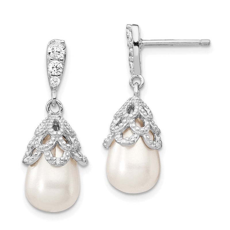 Sterlingsilber Cheryl M Rhodiniert Tropfen Weiß Süßwasser Zuchtperle und Brillant-cut Zirkonia Stecker Ohrhänger