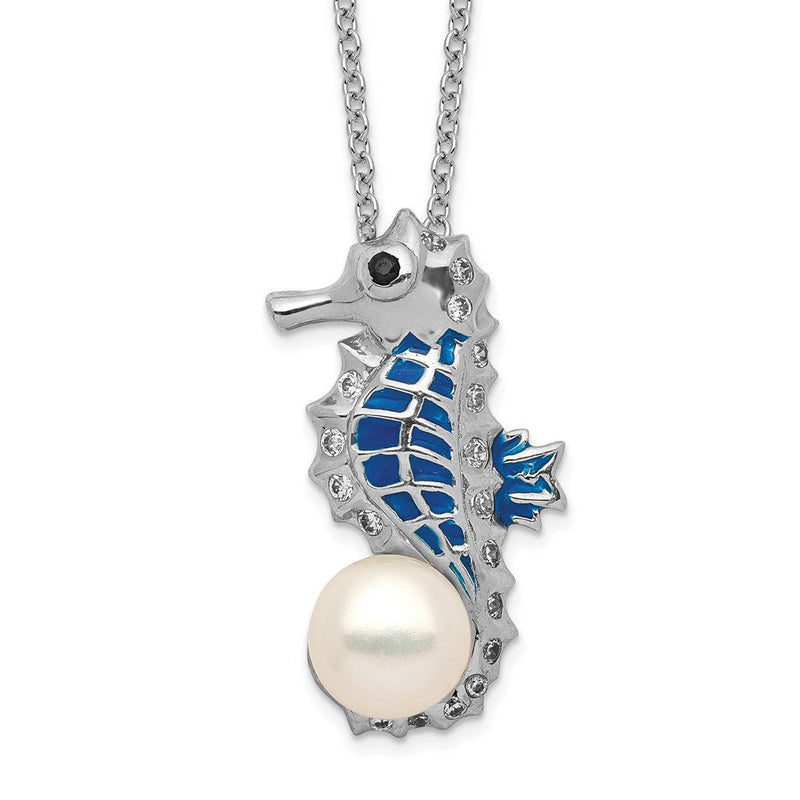 Sterlingsilber Cheryl M Rhodiniert Emailliert Süßwasser Zuchtperle und Brillant-cut Zirkonia Seepferdchen 18 Zoll Halskette