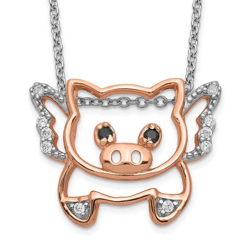 Sterlingsilber Cheryl M Rose Vergoldet Brillant-cut Schwarz Glas und Weiß Zirkonia Flying Pig 18 Zoll Halskette