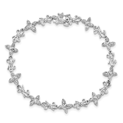 7 Zoll Sterlingsilber Rhodiniert Diamon Schmetterling & Bows Armband