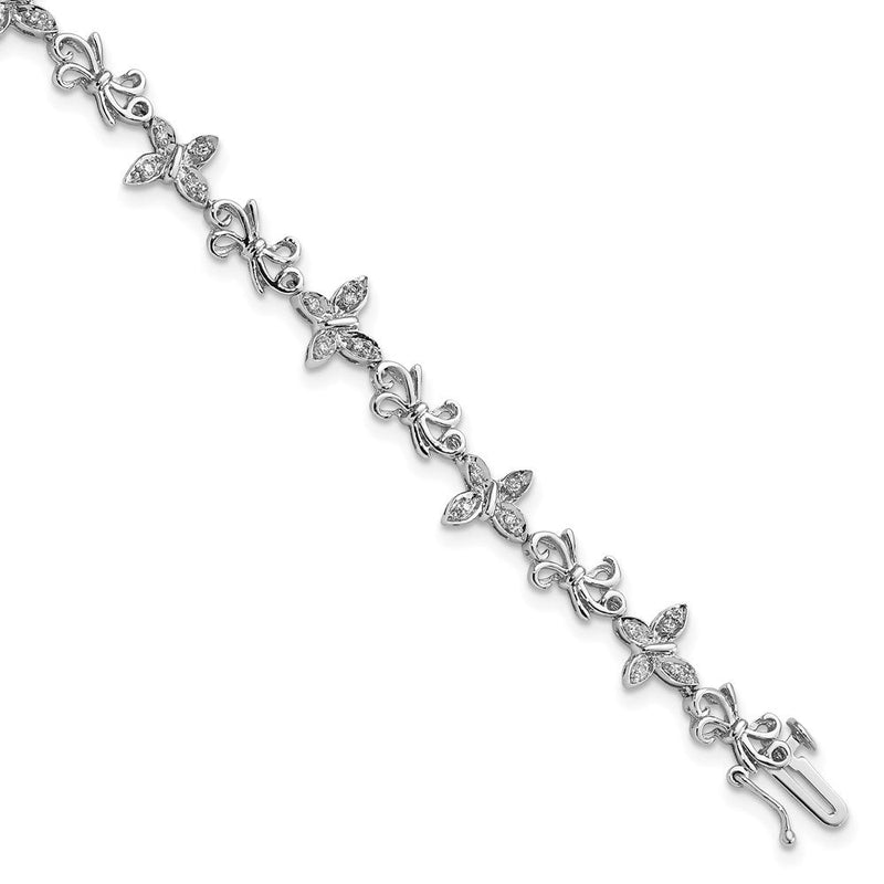 7 Zoll Sterlingsilber Rhodiniert Diamon Schmetterling & Bows Armband