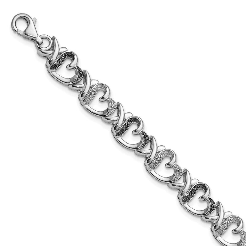 Sterlingsilber Weiß Nacht Rhodiniert Schwarz und Diamant Herz 7.5 Zoll Armband