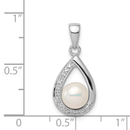 Sterlingsilber Rhodium 6mm Fw Cltrd Perle & Diamant Tropfen Anhänger