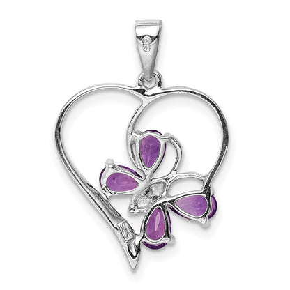 Sterlingsilber Rhodiniert Amethyst und Diamant Schmetterling Herz Anhänger
