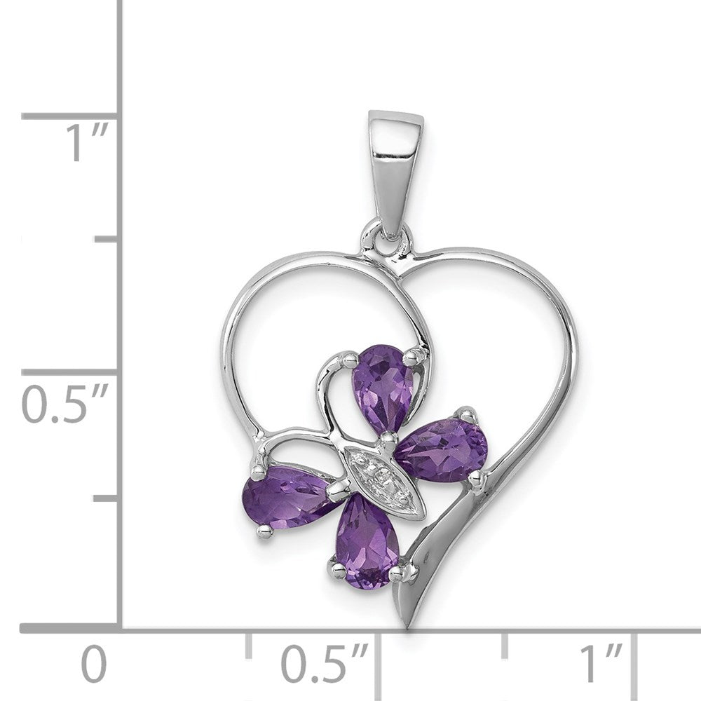 Sterlingsilber Rhodiniert Amethyst und Diamant Schmetterling Herz Anhänger