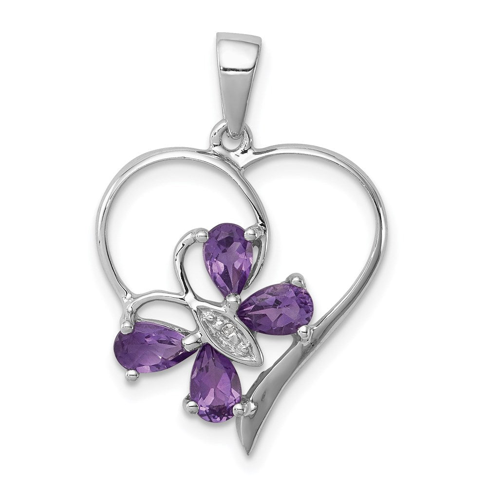 Sterlingsilber Rhodiniert Amethyst und Diamant Schmetterling Herz Anhänger
