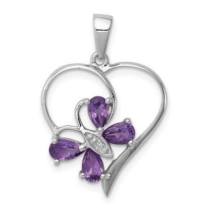 Sterlingsilber Rhodiniert Amethyst und Diamant Schmetterling Herz Anhänger