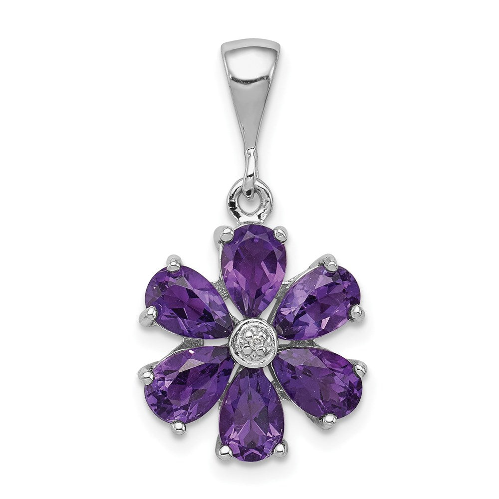 Sterlingsilber Rhodiniert Amethyst und Diamant Blume Anhänger