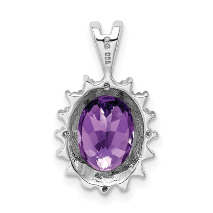 Sterlingsilber Rhodiniert Oval Amethyst und Diamant Anhänger