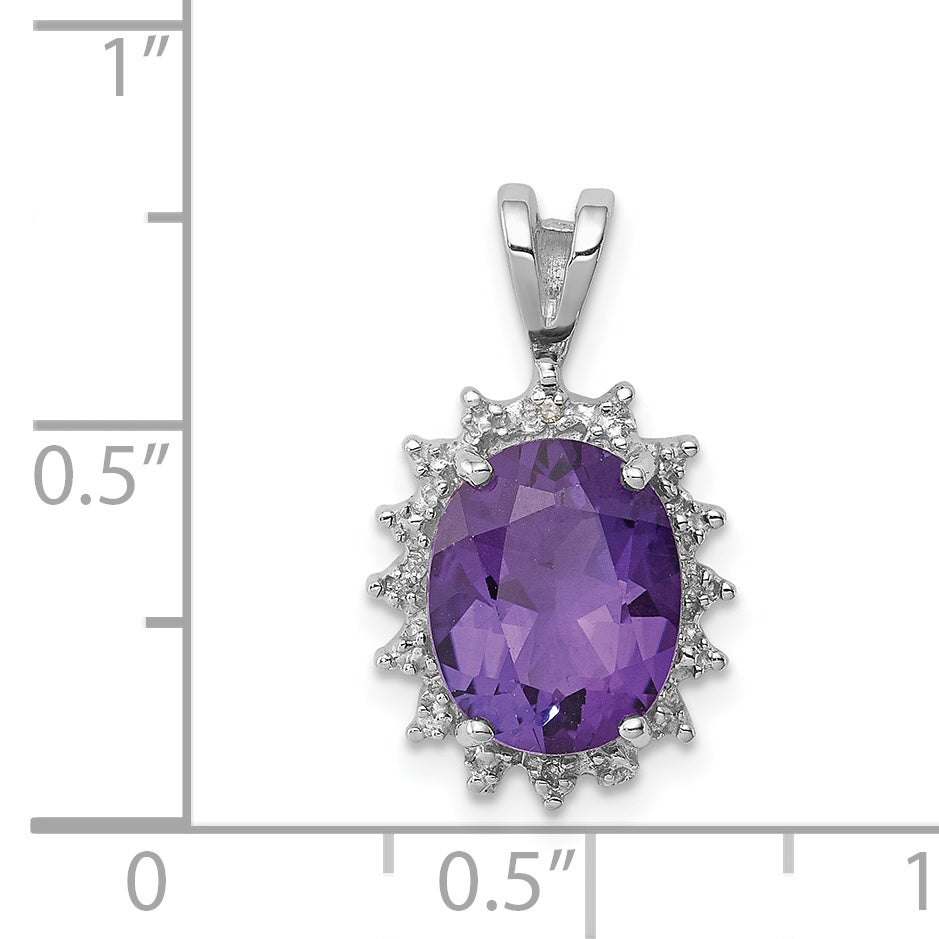 Sterlingsilber Rhodiniert Oval Amethyst und Diamant Anhänger