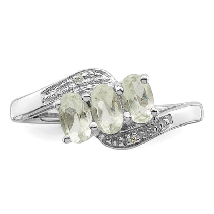 Sterlingsilber Rhodium 3 Stein Grün Quarz & Diamant Ring