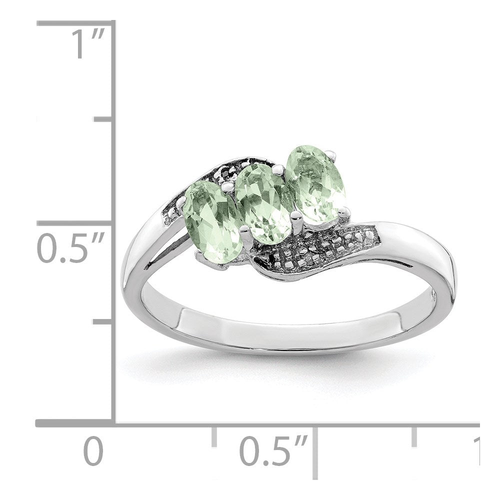 Sterlingsilber Rhodium 3 Stein Grün Quarz & Diamant Ring