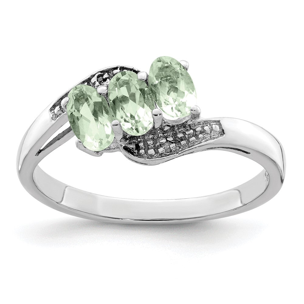 Sterlingsilber Rhodium 3 Stein Grün Quarz & Diamant Ring