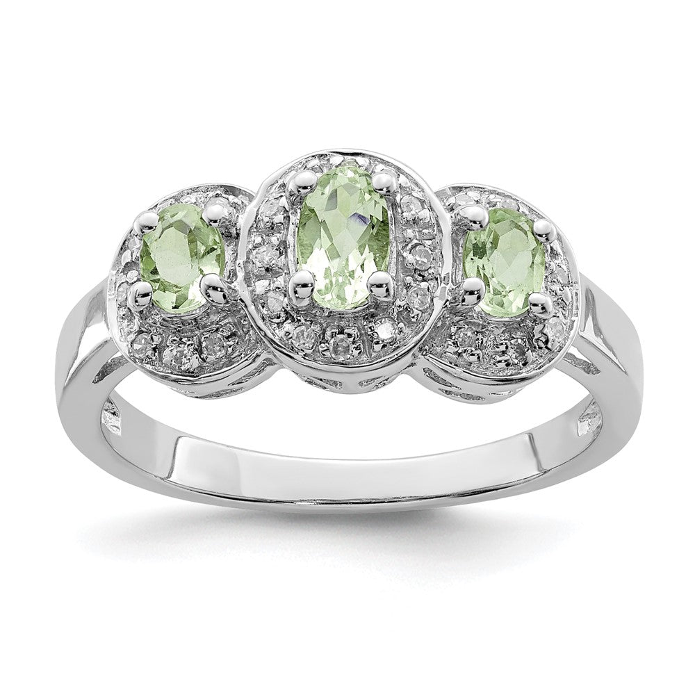Sterlingsilber Rhodium 3 Stein Grün Quarz & Diamant Ring