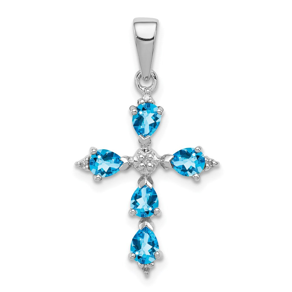 Sterlingsilber Rhodium Tropfen Schweizer Blautopas Kreuz Anhänger