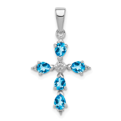 Sterlingsilber Rhodium Tropfen Schweizer Blautopas Kreuz Anhänger