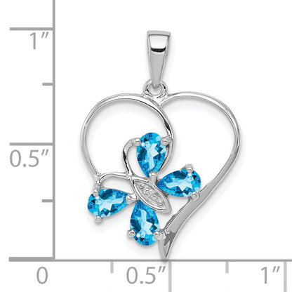 Sterlingsilber Rhodium Sw Blautopas & Diamant Schmetterling Herz Anhänger