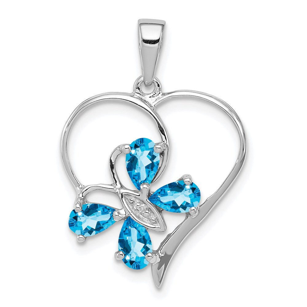 Sterlingsilber Rhodium Sw Blautopas & Diamant Schmetterling Herz Anhänger