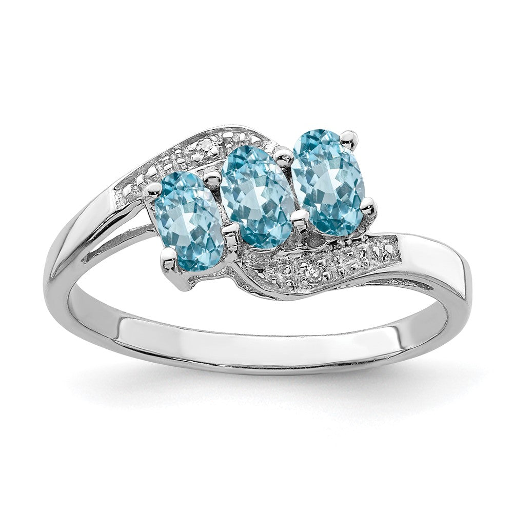 Sterlingsilber Rhodium 3 Stein Licht Schweizer Blautopas & Diamant Ring