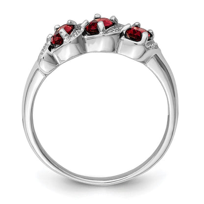 Sterlingsilber Rhodiniert 3 Stein Granat & Diamant Ring
