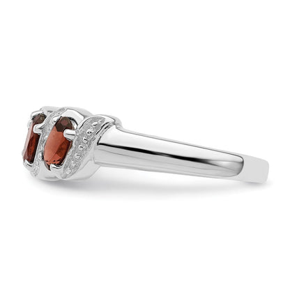 Sterlingsilber Rhodiniert 3 Stein Granat & Diamant Ring