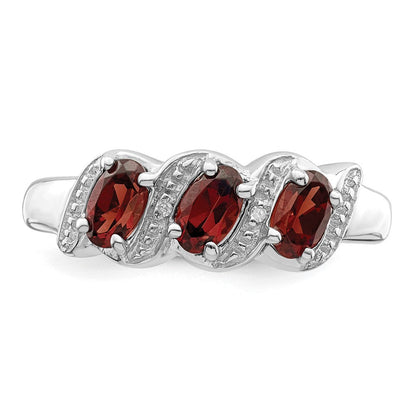 Sterlingsilber Rhodiniert 3 Stein Granat & Diamant Ring