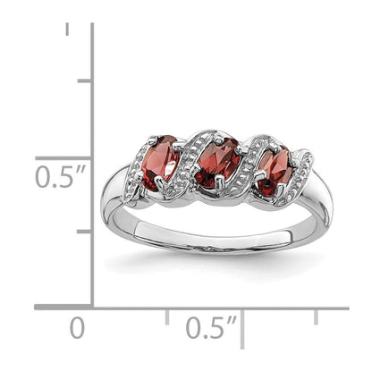 Sterlingsilber Rhodiniert 3 Stein Granat & Diamant Ring
