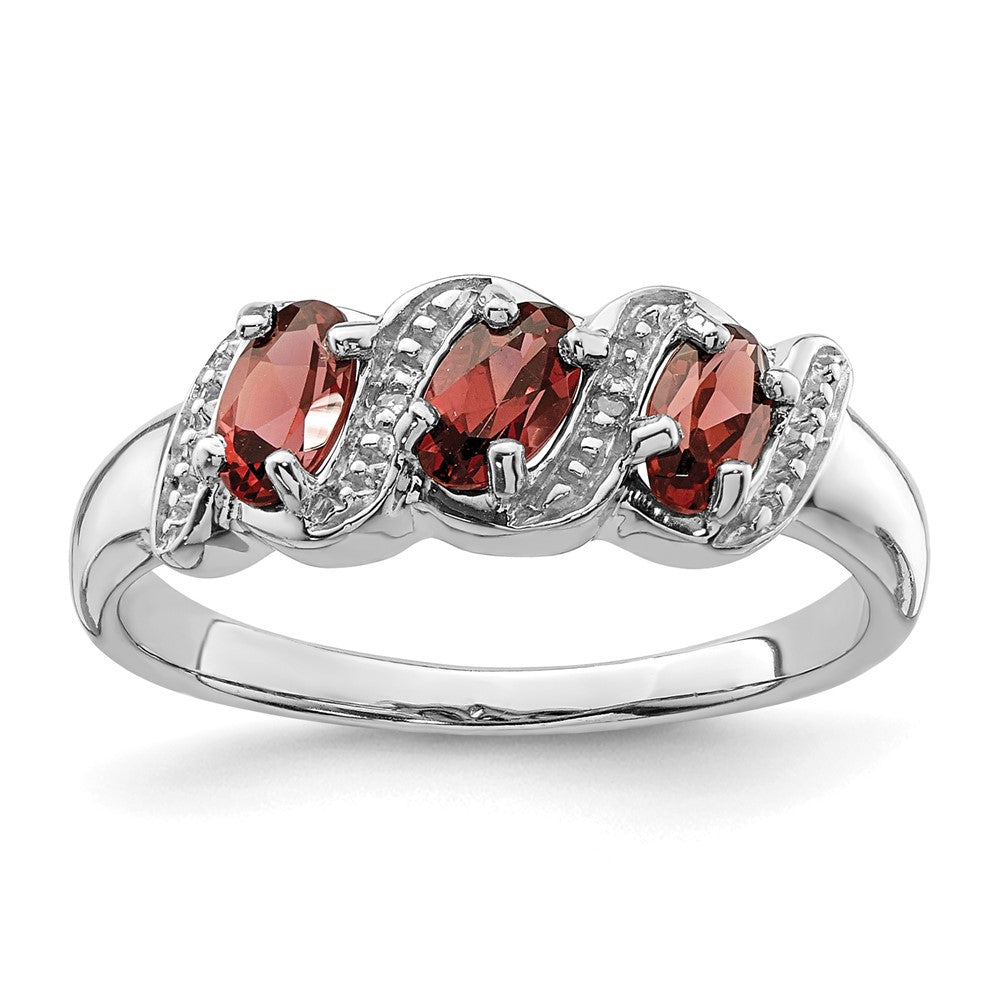 Sterlingsilber Rhodiniert 3 Stein Granat & Diamant Ring