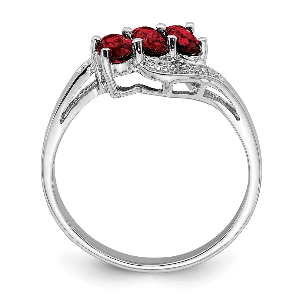 Sterlingsilber Rhodiniert 3 Stein Granat & Diamant Ring
