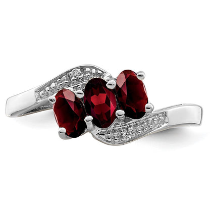 Sterlingsilber Rhodiniert 3 Stein Granat & Diamant Ring