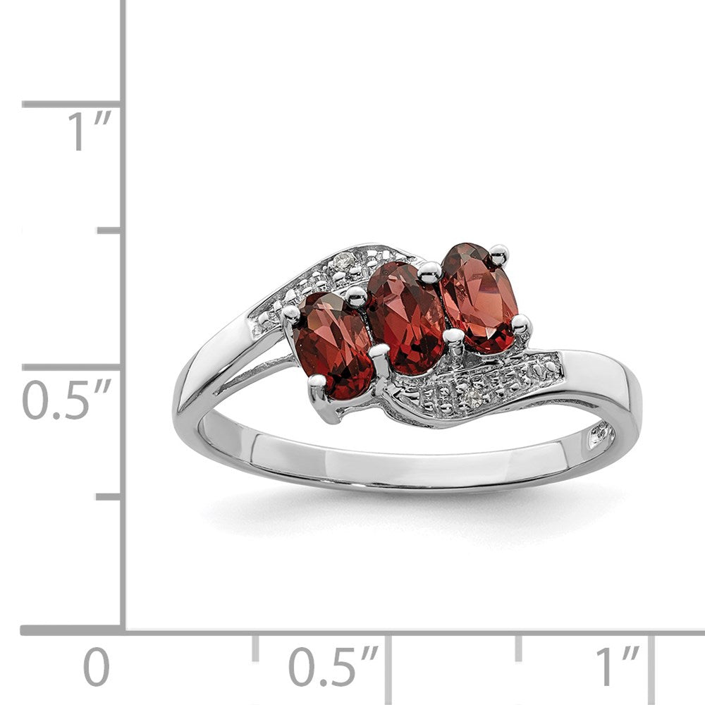 Sterlingsilber Rhodiniert 3 Stein Granat & Diamant Ring