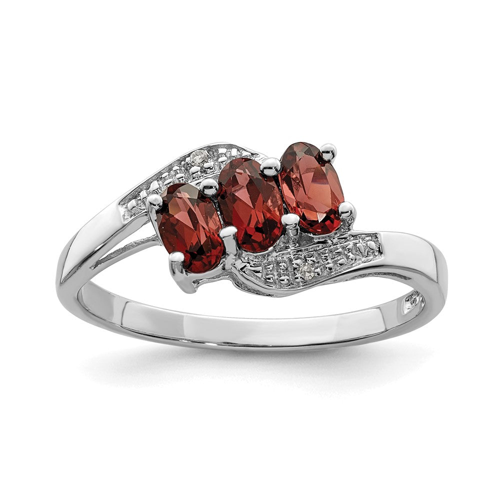 Sterlingsilber Rhodiniert 3 Stein Granat & Diamant Ring
