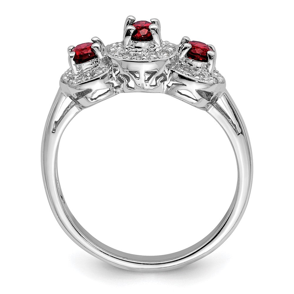 Sterlingsilber Rhodiniert 3 Stein Granat & Diamant Ring