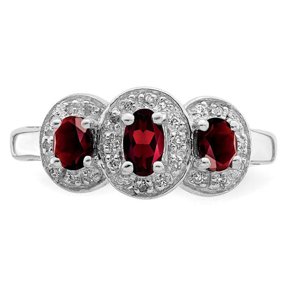 Sterlingsilber Rhodiniert 3 Stein Granat & Diamant Ring