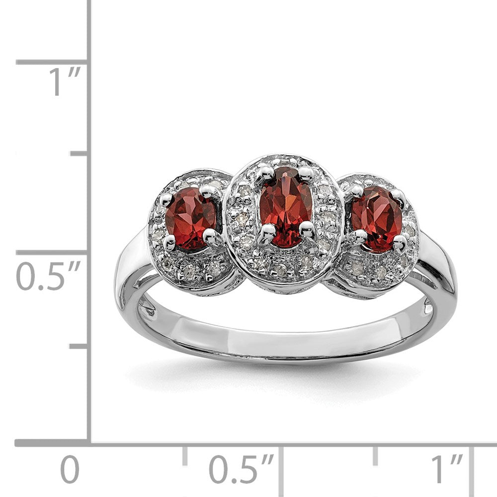 Sterlingsilber Rhodiniert 3 Stein Granat & Diamant Ring