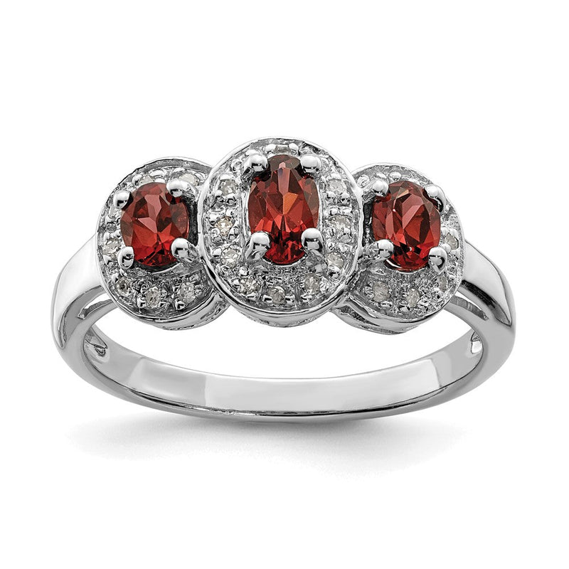 Sterlingsilber Rhodiniert 3 Stein Granat & Diamant Ring