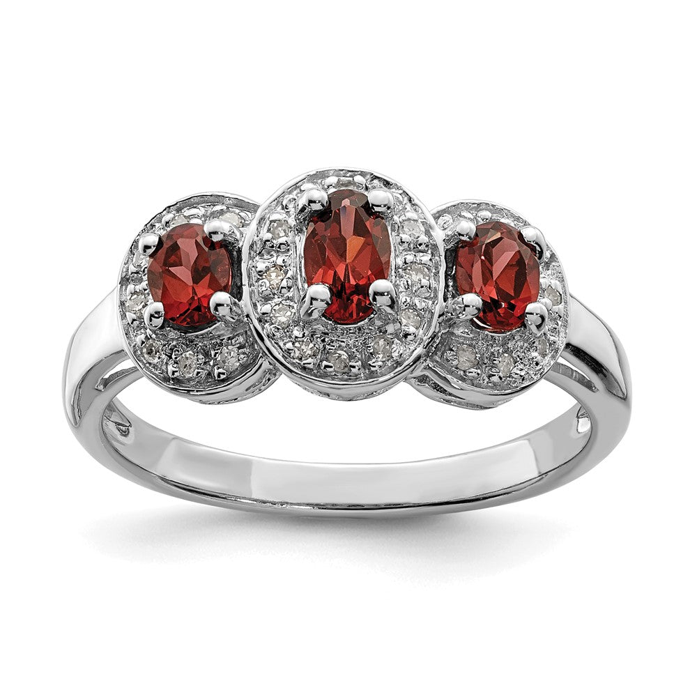 Sterlingsilber Rhodiniert 3 Stein Granat & Diamant Ring