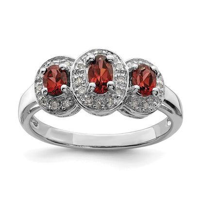 Sterlingsilber Rhodiniert 3 Stein Granat & Diamant Ring