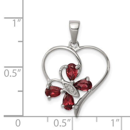 Sterlingsilber Rhodium Granat & Diamant Schmetterling Herz Anhänger