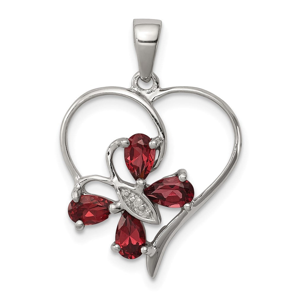 Sterlingsilber Rhodium Granat & Diamant Schmetterling Herz Anhänger