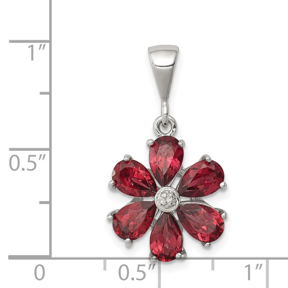 Sterlingsilber Rhodium Granat & Diamant Blume Anhänger