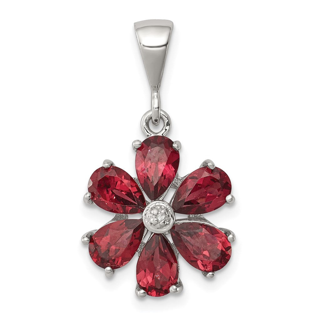 Sterlingsilber Rhodium Granat & Diamant Blume Anhänger